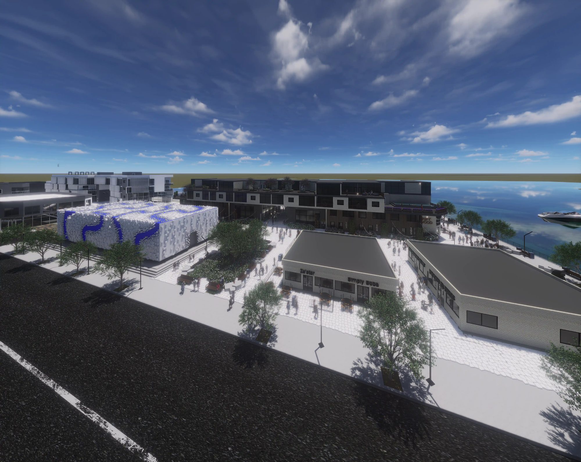 Aerial overview of the promenade and movie theater