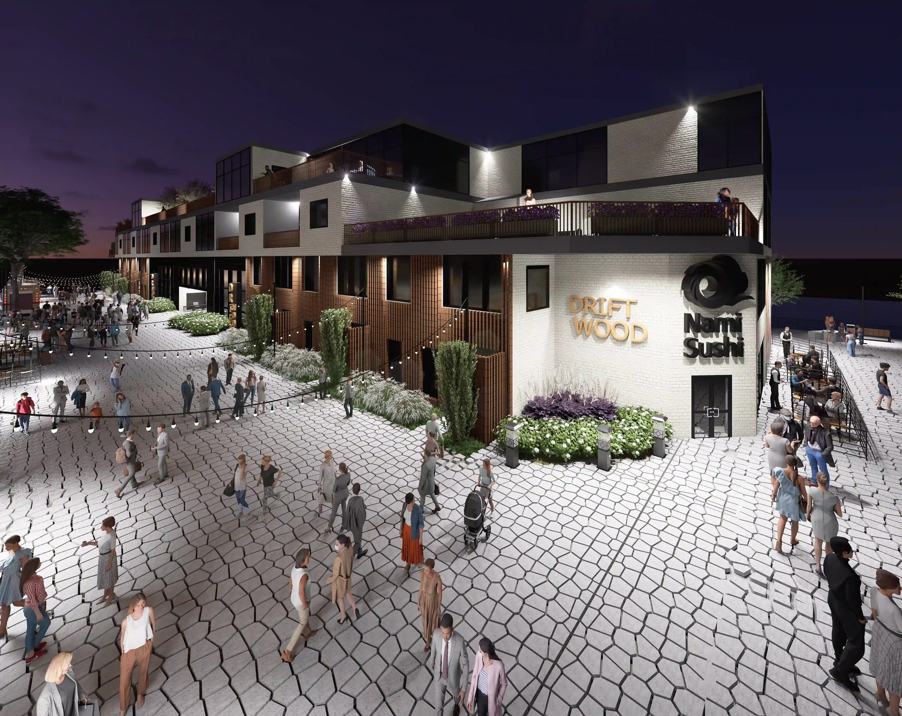 Blue Horizon Community, Driftwood plaza at night