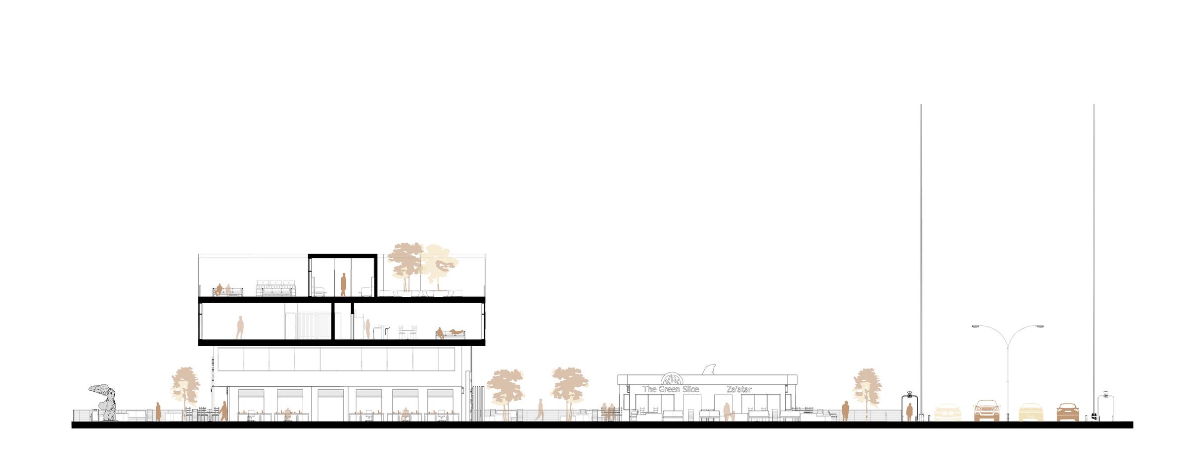 Building section through retail and residential floors