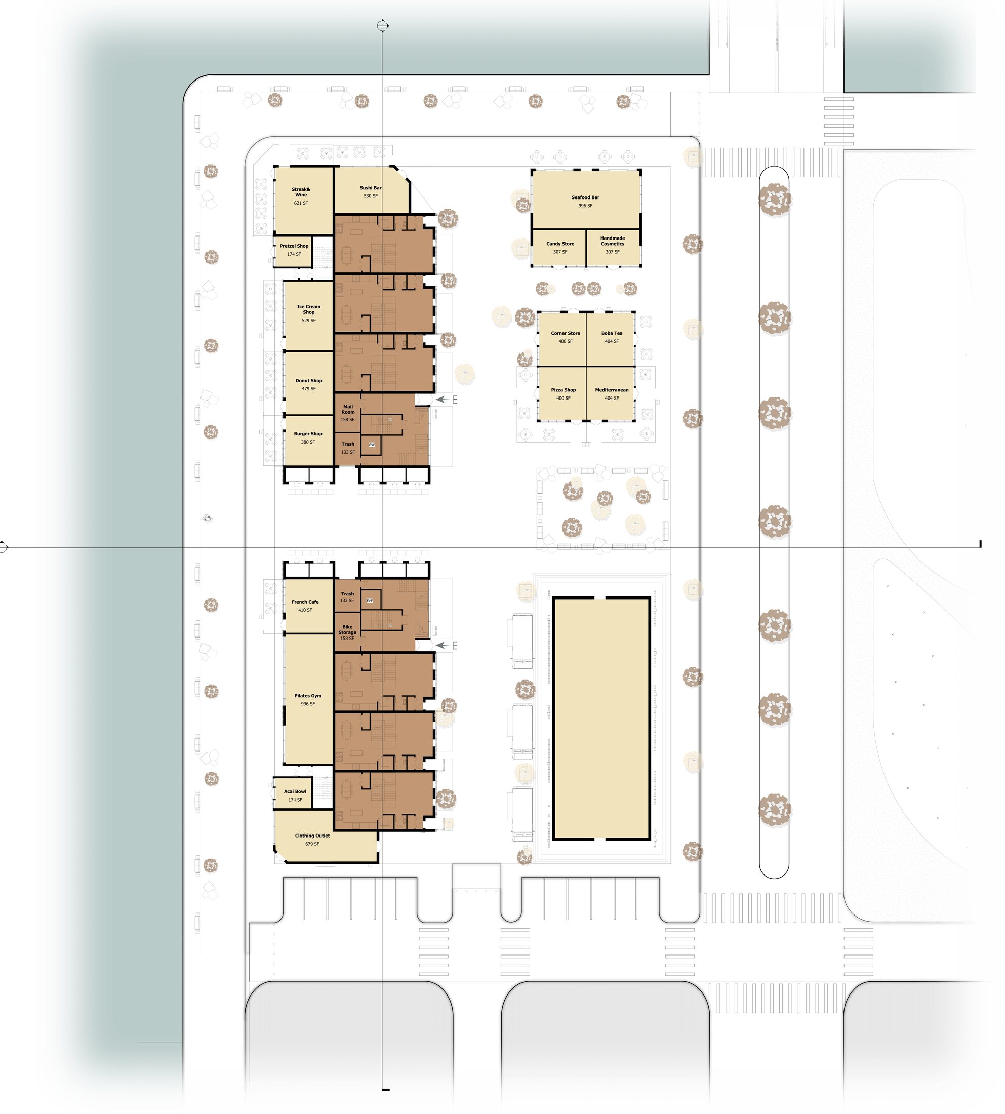 Site plan and ground floor retail layout