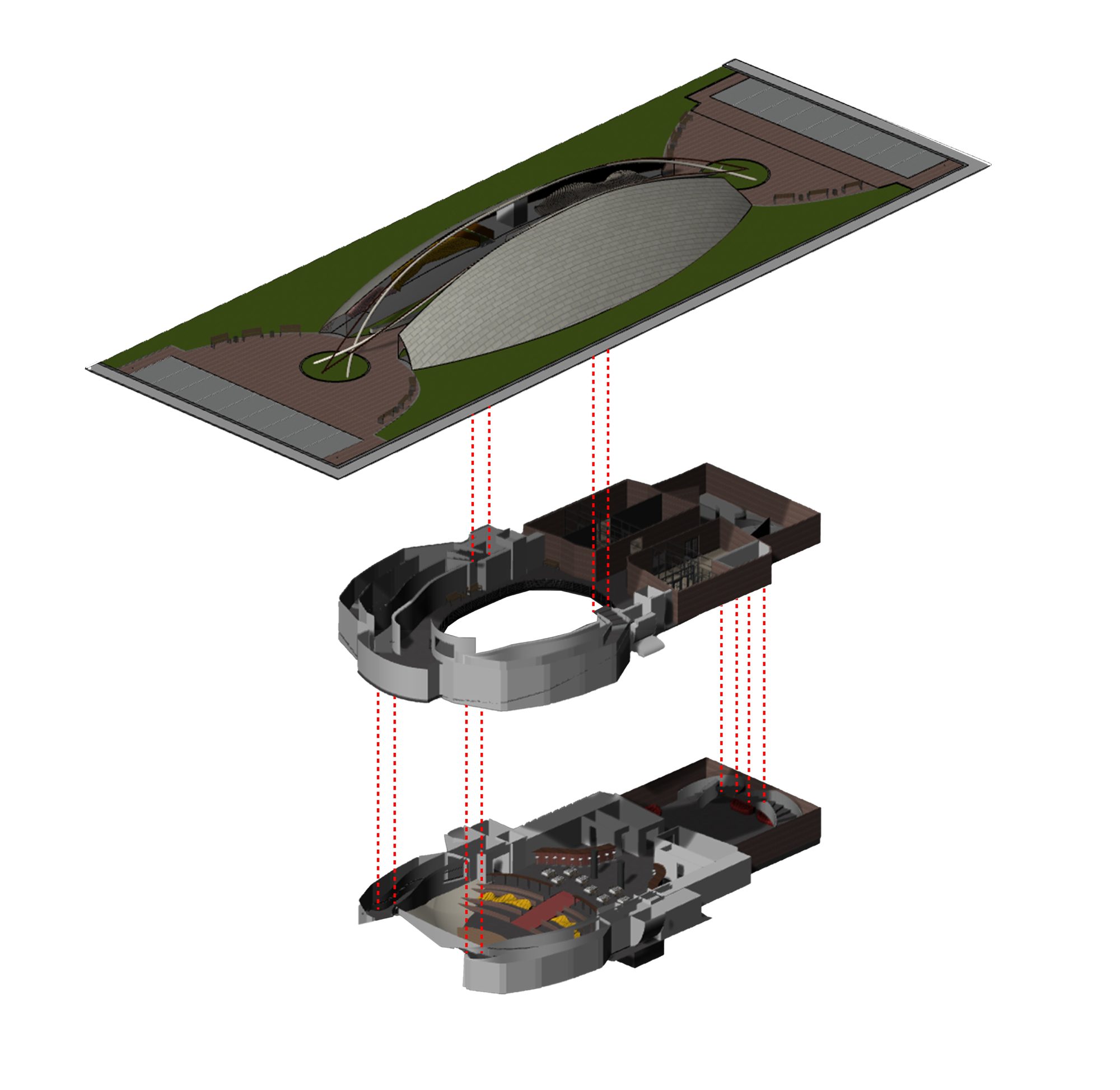 Exploded axonometric diagram, site, structure and lower level