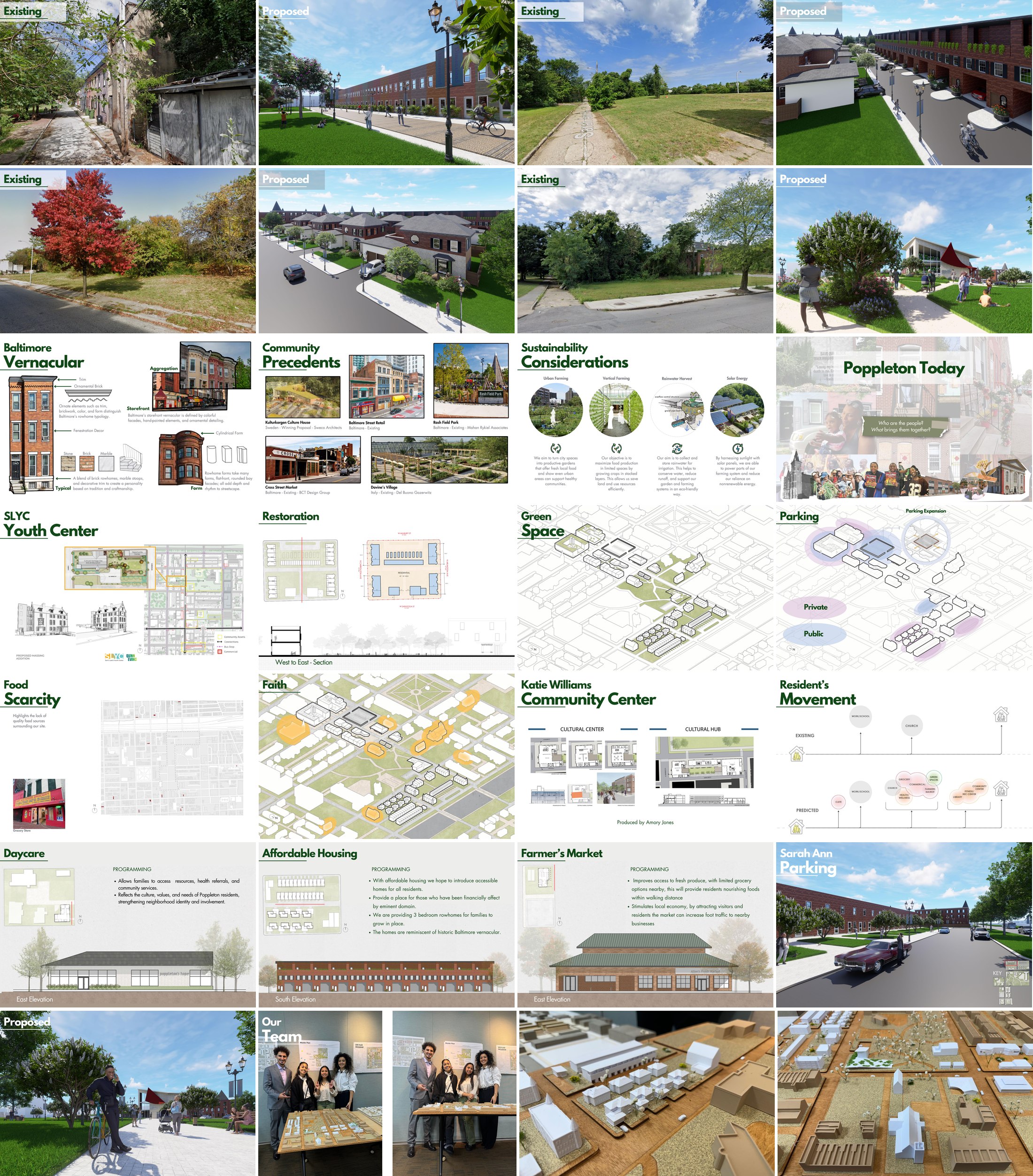 Collage of renders, elevations, sections, and the physical model